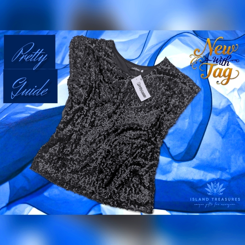 NWT Pretty Guide Sequin Short  Sleeve Shirt Size XXL Blue Layered/Elegant/Tunic